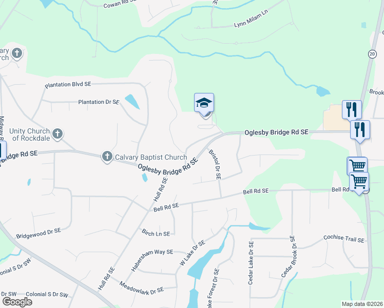 map of restaurants, bars, coffee shops, grocery stores, and more near 520 Oglesby Bridge Road Southeast in Conyers