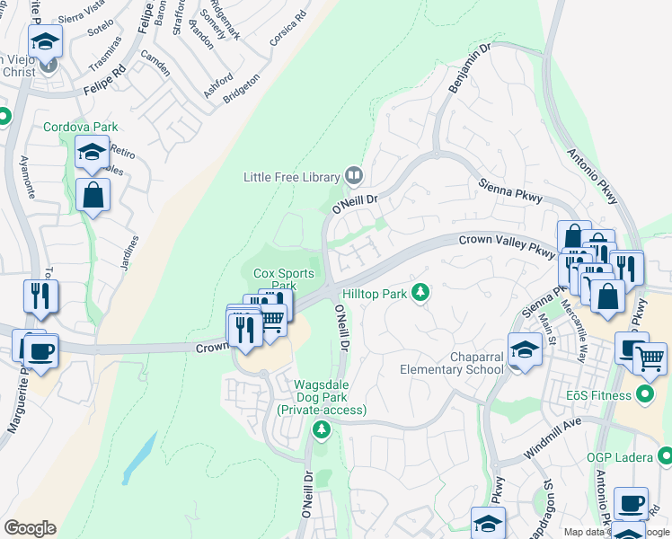 map of restaurants, bars, coffee shops, grocery stores, and more near 23 Harwick Court in Ladera Ranch