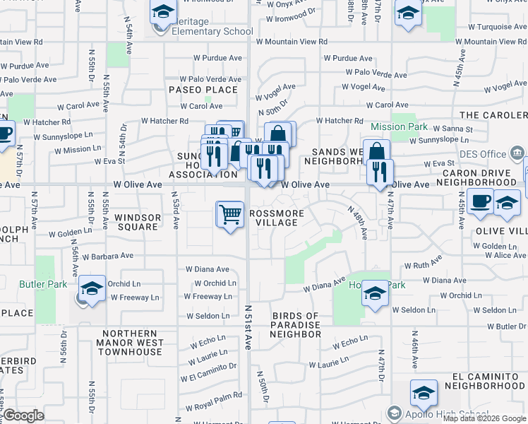 map of restaurants, bars, coffee shops, grocery stores, and more near 8832 North New World Drive in Glendale