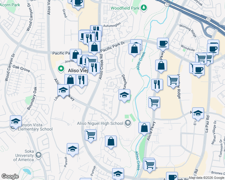 map of restaurants, bars, coffee shops, grocery stores, and more near 64 Sentinel Place in Aliso Viejo