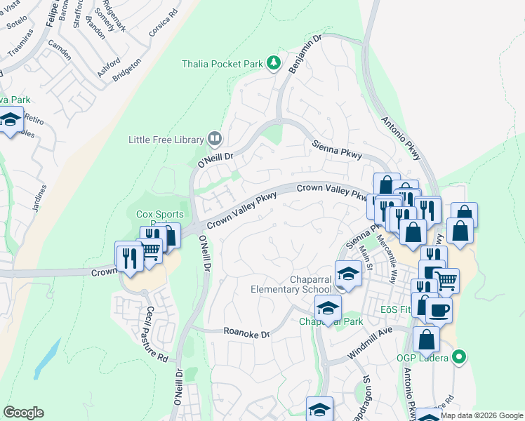 map of restaurants, bars, coffee shops, grocery stores, and more near 19 Flintridge Avenue in Ladera Ranch