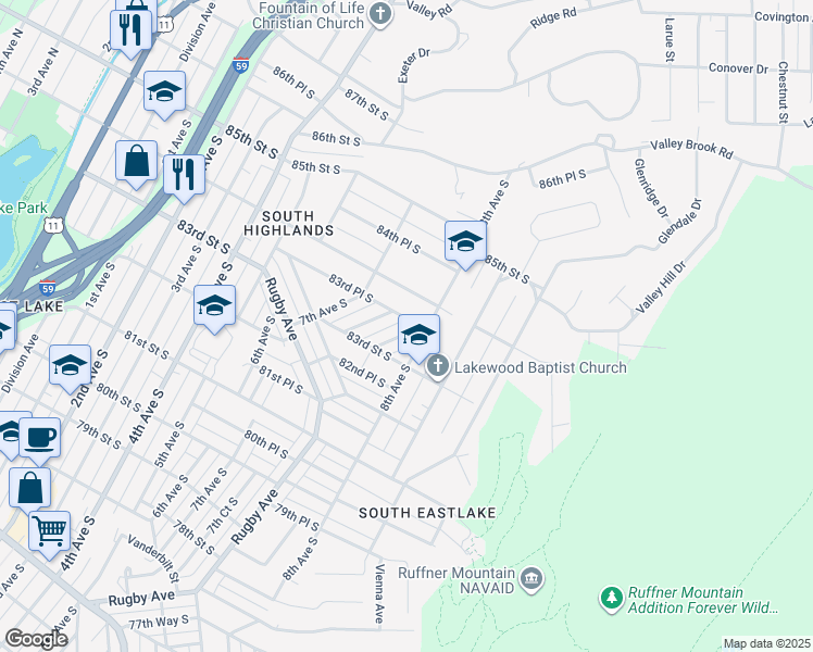 map of restaurants, bars, coffee shops, grocery stores, and more near 8334 7th Terrace South in Birmingham