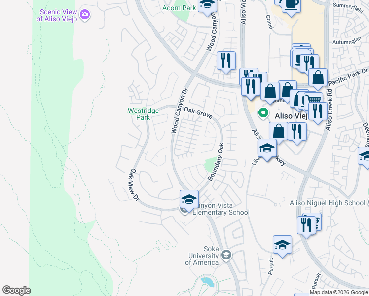 map of restaurants, bars, coffee shops, grocery stores, and more near 4 Edgewood Court in Aliso Viejo