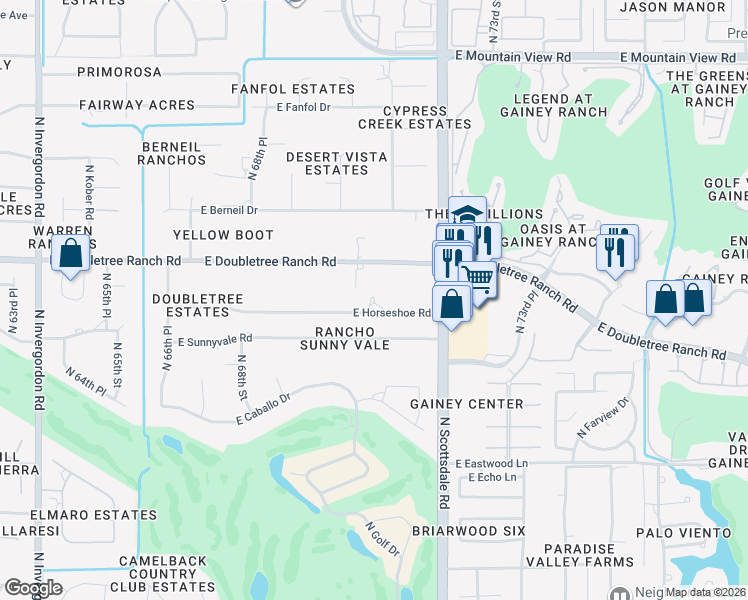 map of restaurants, bars, coffee shops, grocery stores, and more near 7040 East Sunnyvale Road in Paradise Valley