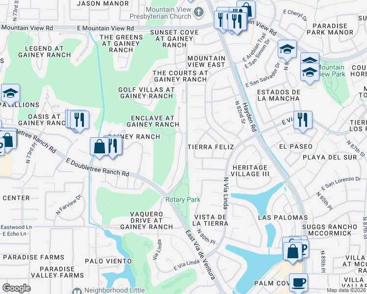 map of restaurants, bars, coffee shops, grocery stores, and more near 7878 East Gainey Ranch Road in Scottsdale