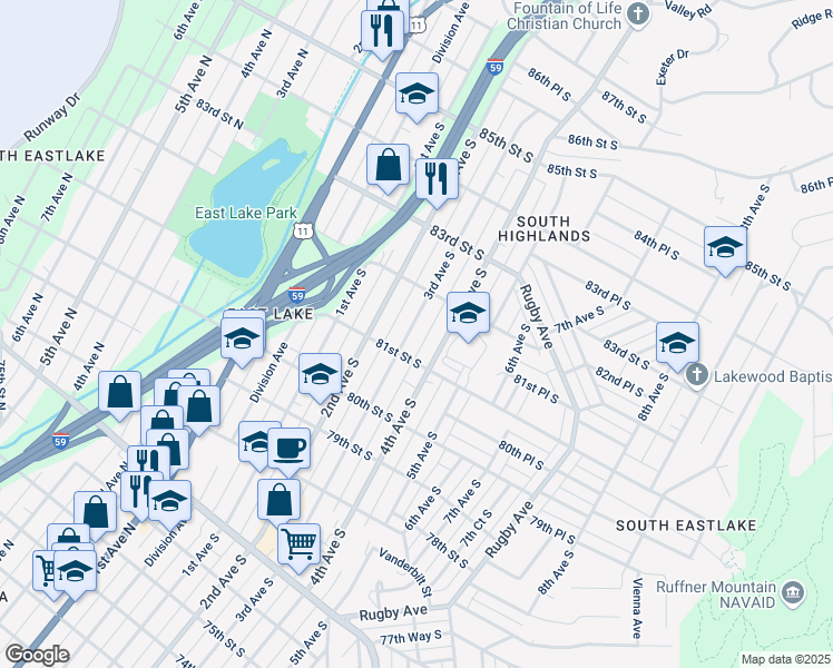 map of restaurants, bars, coffee shops, grocery stores, and more near 309 81st Street South in Birmingham