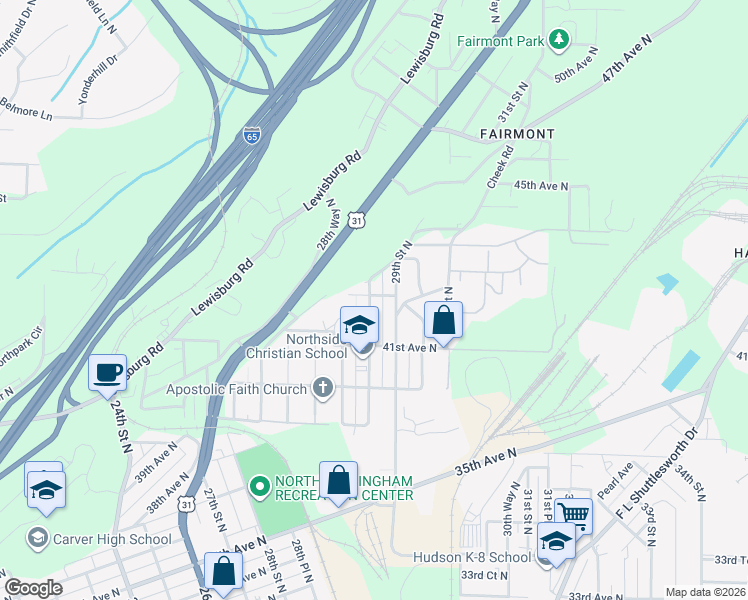 map of restaurants, bars, coffee shops, grocery stores, and more near 4125 Fairmont Way in Birmingham
