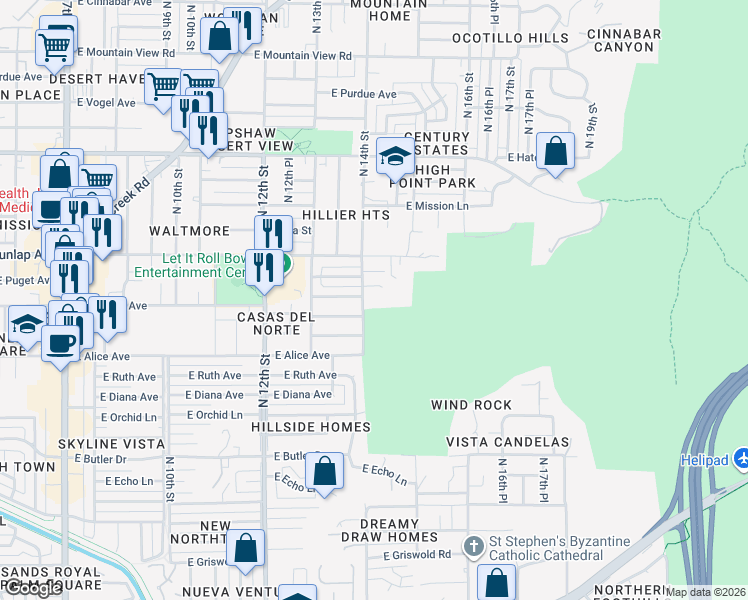 map of restaurants, bars, coffee shops, grocery stores, and more near 1401 East Puget Avenue in Phoenix