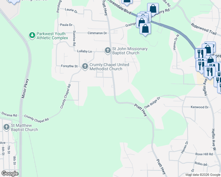 map of restaurants, bars, coffee shops, grocery stores, and more near 1744 Pratt Highway in Birmingham