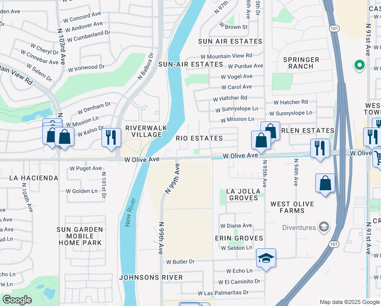 map of restaurants, bars, coffee shops, grocery stores, and more near 9827 West Caron Drive in Peoria