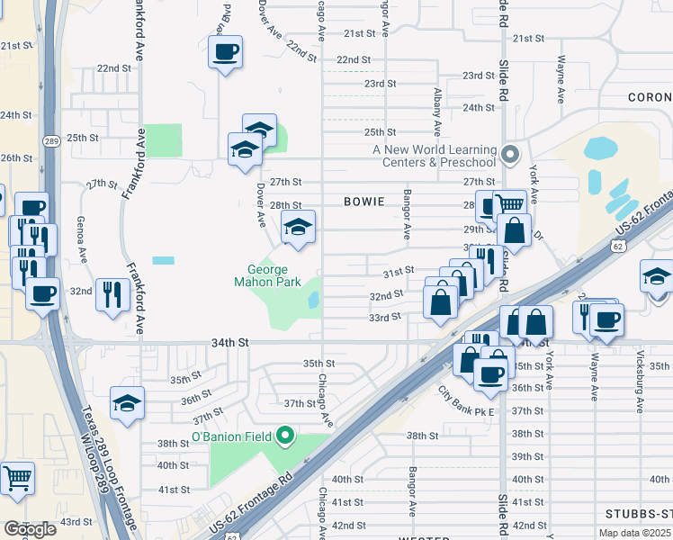 map of restaurants, bars, coffee shops, grocery stores, and more near 5438 32nd Street in Lubbock