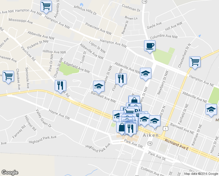 map of restaurants, bars, coffee shops, grocery stores, and more near 235 Florence Street Northwest in Aiken