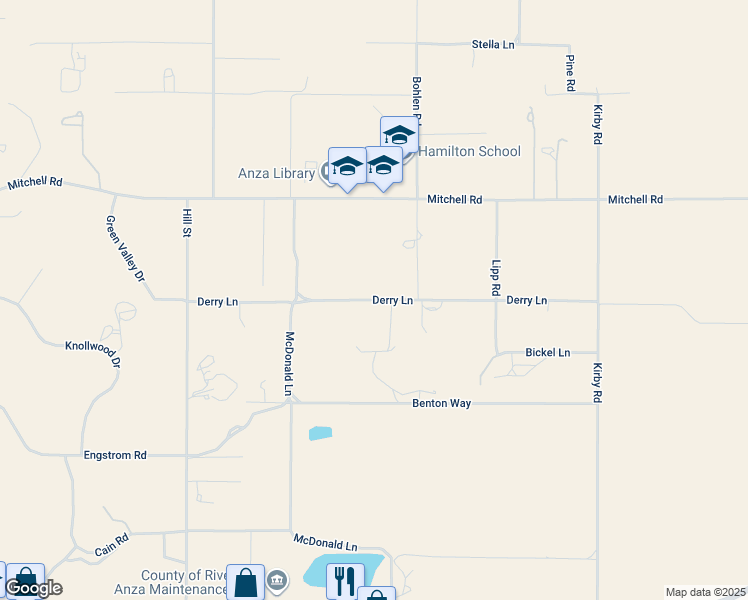 map of restaurants, bars, coffee shops, grocery stores, and more near Derry Lane in Anza