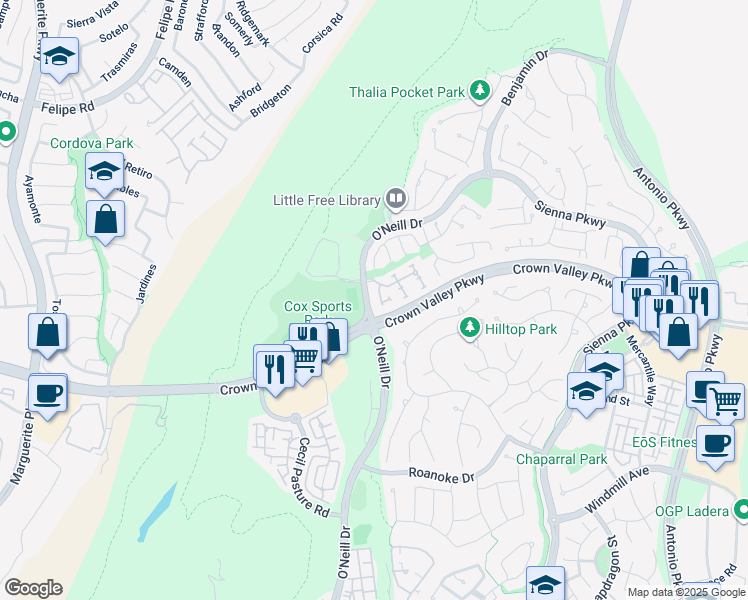 map of restaurants, bars, coffee shops, grocery stores, and more near 23 Harwick Court in Ladera Ranch