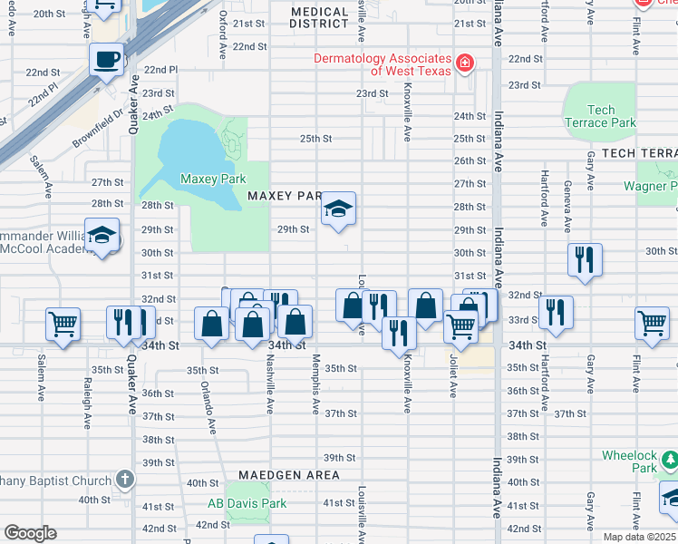 map of restaurants, bars, coffee shops, grocery stores, and more near 3708 32nd Street in Lubbock