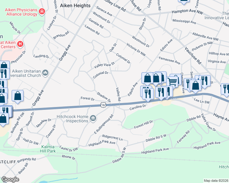 map of restaurants, bars, coffee shops, grocery stores, and more near 903 Valley Road in Aiken