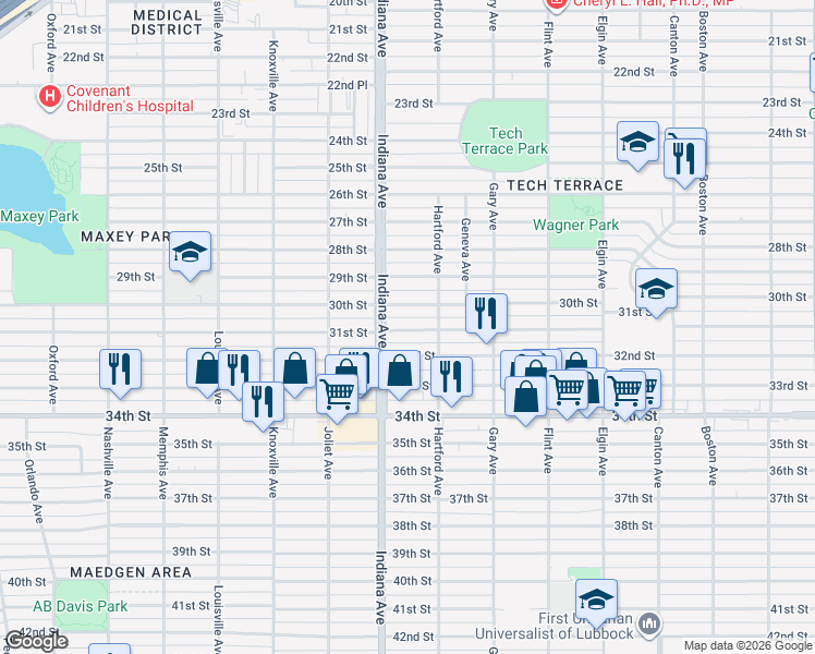 map of restaurants, bars, coffee shops, grocery stores, and more near 3320 32nd Street in Lubbock