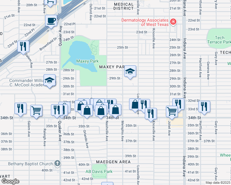 map of restaurants, bars, coffee shops, grocery stores, and more near 3816 32nd Street in Lubbock