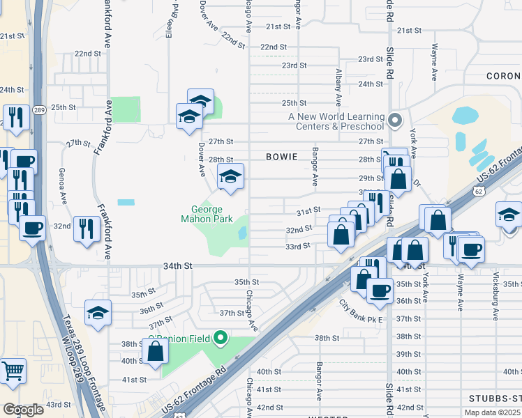 map of restaurants, bars, coffee shops, grocery stores, and more near 5438 32nd Street in Lubbock