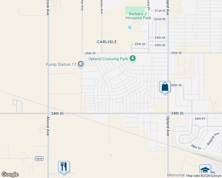 map of restaurants, bars, coffee shops, grocery stores, and more near 32nd Street in Lubbock