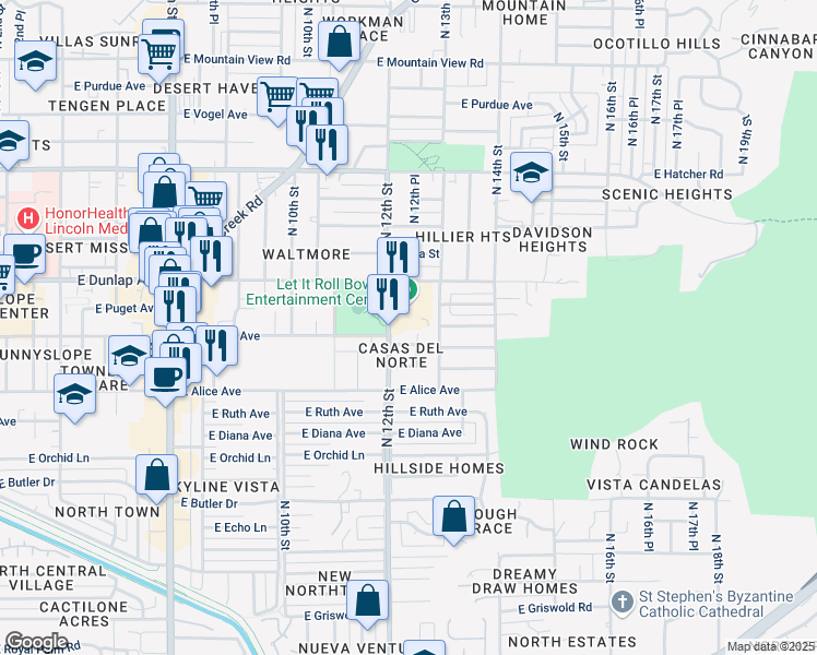 map of restaurants, bars, coffee shops, grocery stores, and more near 1217 East Townley Avenue in Phoenix