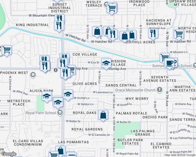 map of restaurants, bars, coffee shops, grocery stores, and more near 1547 West Townley Avenue in Phoenix