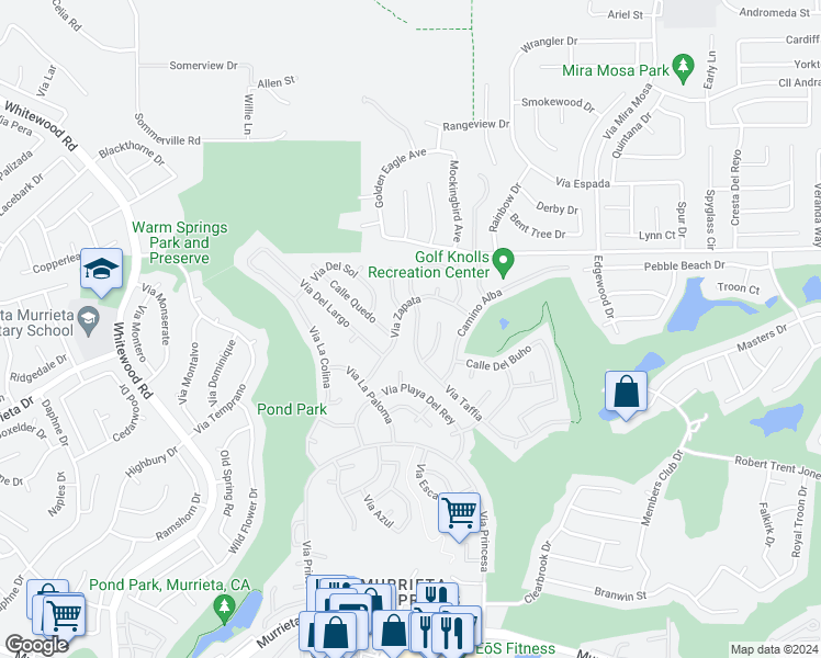 map of restaurants, bars, coffee shops, grocery stores, and more near 38200 Via Taffia in Murrieta