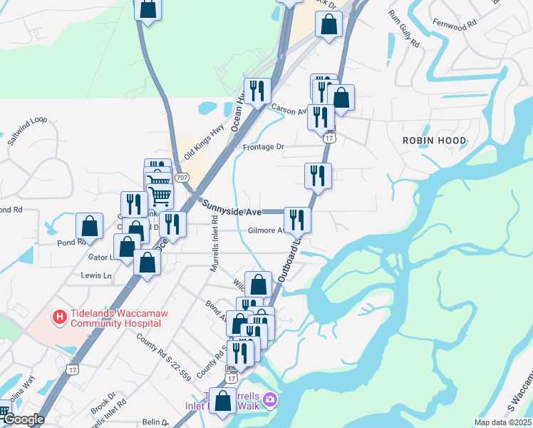 map of restaurants, bars, coffee shops, grocery stores, and more near 508 Gilmore Avenue in Murrells Inlet