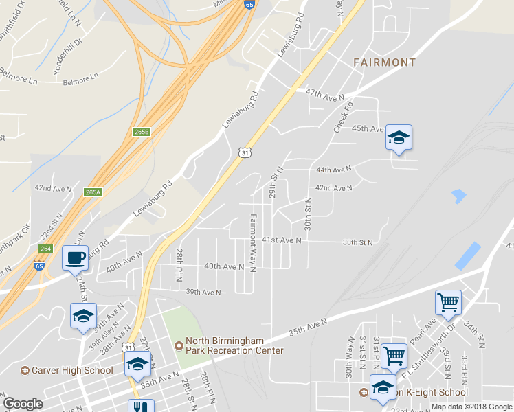 map of restaurants, bars, coffee shops, grocery stores, and more near 4125 Fairmont Way in Birmingham
