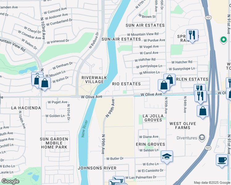 map of restaurants, bars, coffee shops, grocery stores, and more near 9827 West Caron Drive in Peoria
