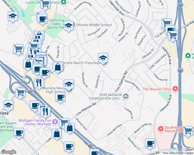 map of restaurants, bars, coffee shops, grocery stores, and more near 24920 Regis Court in Murrieta