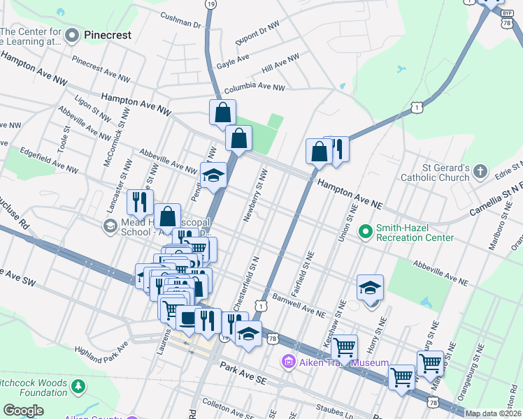 map of restaurants, bars, coffee shops, grocery stores, and more near 333 Chesterfield Street North in Aiken