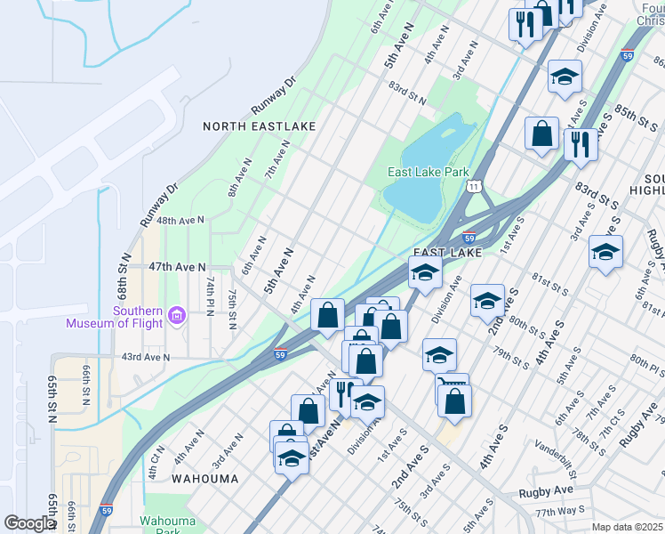 map of restaurants, bars, coffee shops, grocery stores, and more near 316 79th Street North in Birmingham