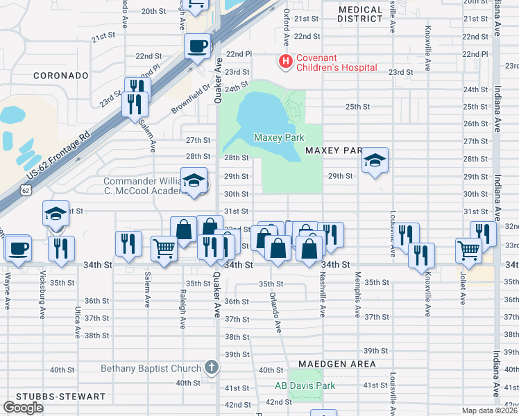 map of restaurants, bars, coffee shops, grocery stores, and more near 4118 32nd Street in Lubbock