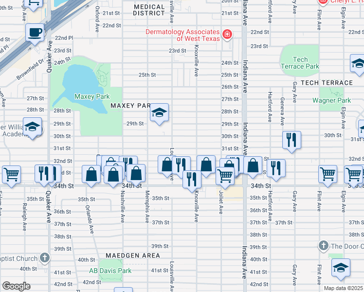 map of restaurants, bars, coffee shops, grocery stores, and more near 3614 31st Street in Lubbock