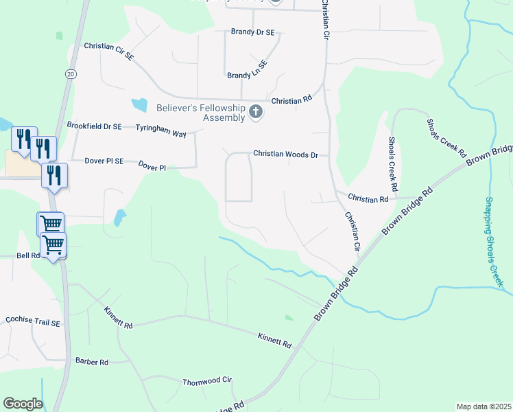 map of restaurants, bars, coffee shops, grocery stores, and more near 330 Christian Woods Drive in Conyers