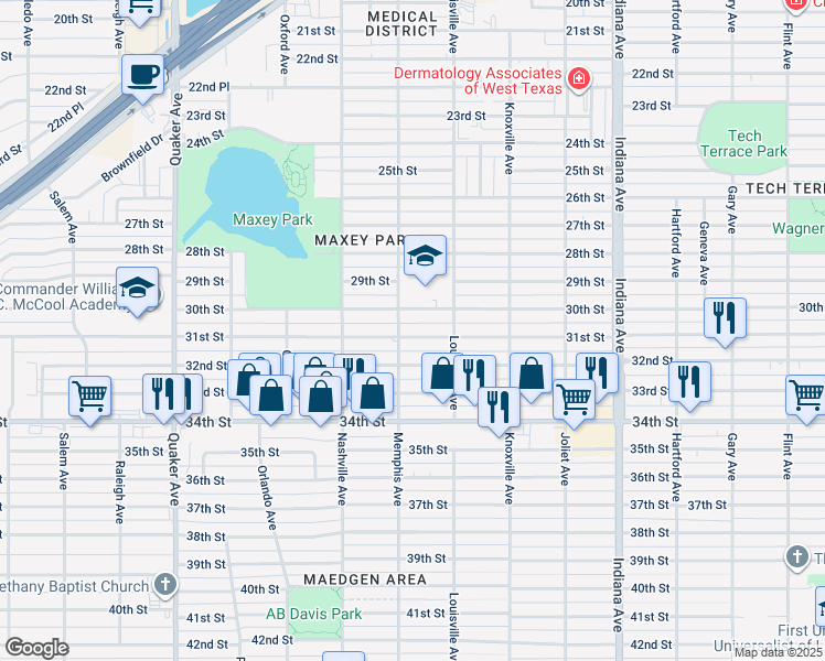 map of restaurants, bars, coffee shops, grocery stores, and more near 3802 32nd Street in Lubbock