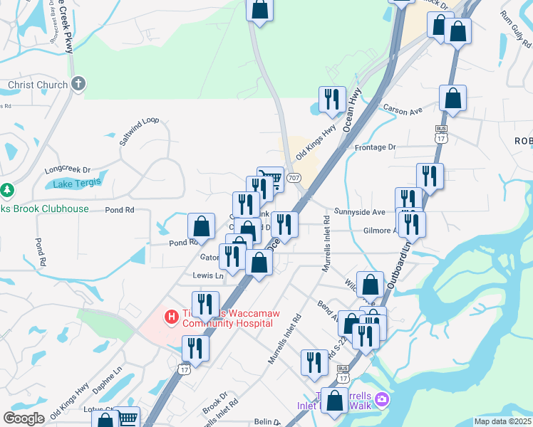 map of restaurants, bars, coffee shops, grocery stores, and more near Mink Avenue in Murrells Inlet