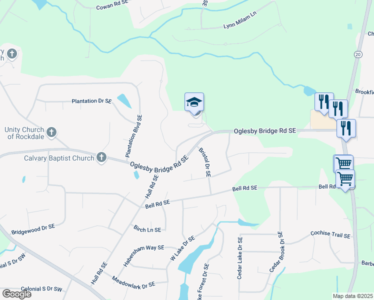 map of restaurants, bars, coffee shops, grocery stores, and more near 550 Oglesby Bridge Road Southeast in Conyers