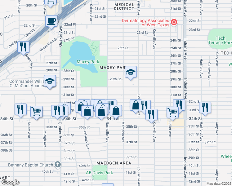 map of restaurants, bars, coffee shops, grocery stores, and more near 3816 32nd Street in Lubbock