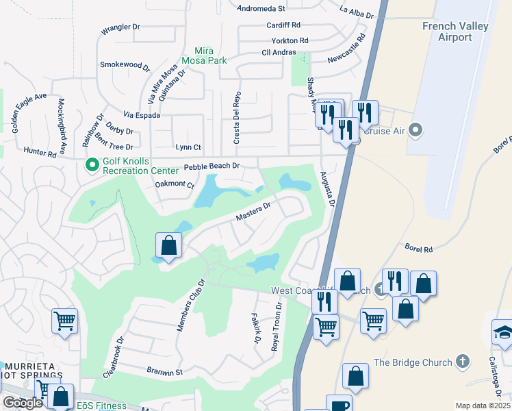 map of restaurants, bars, coffee shops, grocery stores, and more near 29674 Masters Drive in Murrieta