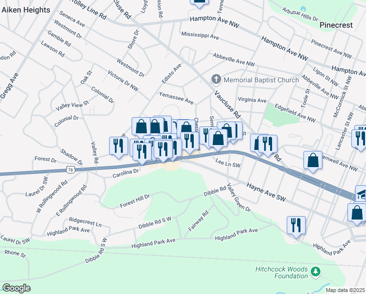 map of restaurants, bars, coffee shops, grocery stores, and more near 1520 Richland Avenue West in Aiken