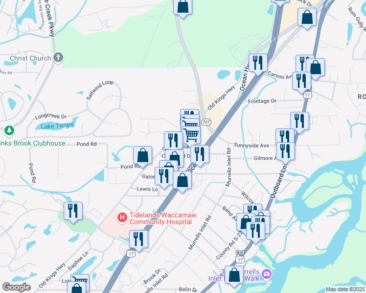 map of restaurants, bars, coffee shops, grocery stores, and more near Mink Avenue in Murrells Inlet
