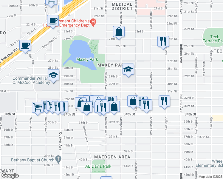 map of restaurants, bars, coffee shops, grocery stores, and more near 3814 31st Street in Lubbock