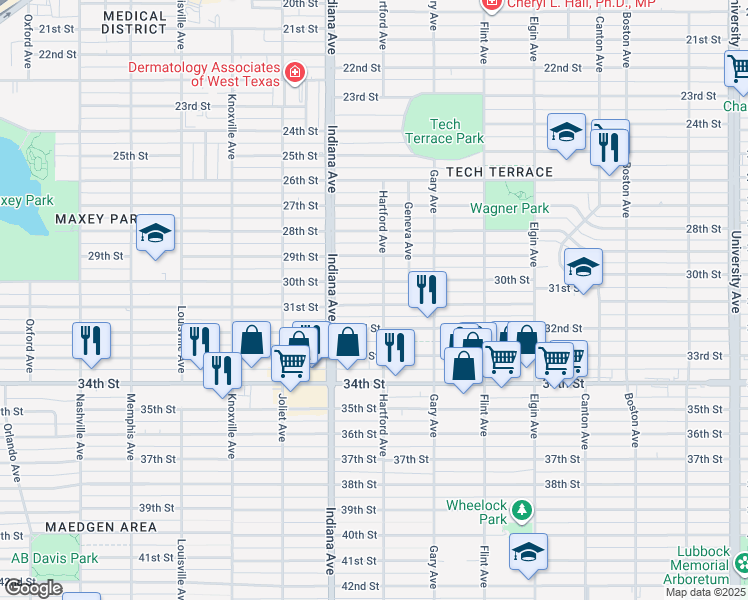 map of restaurants, bars, coffee shops, grocery stores, and more near 3304 30th Street in Lubbock