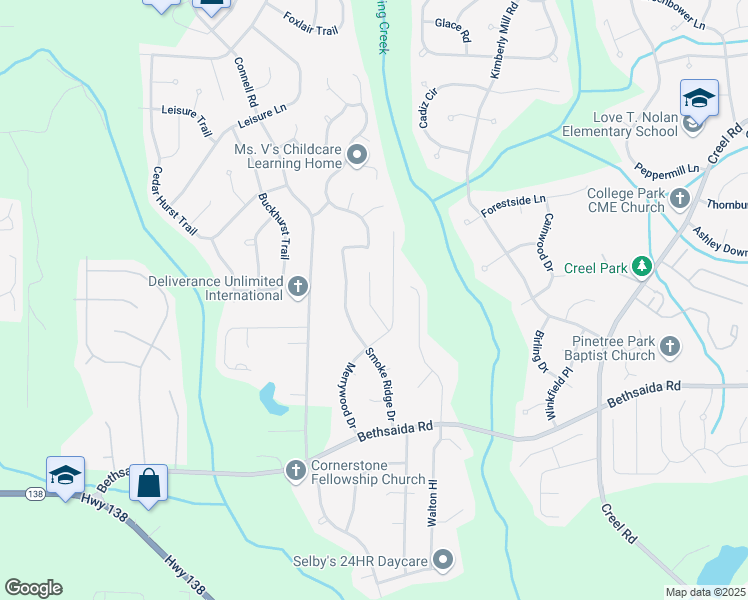 map of restaurants, bars, coffee shops, grocery stores, and more near 7104 Merrywood Way in Fairburn