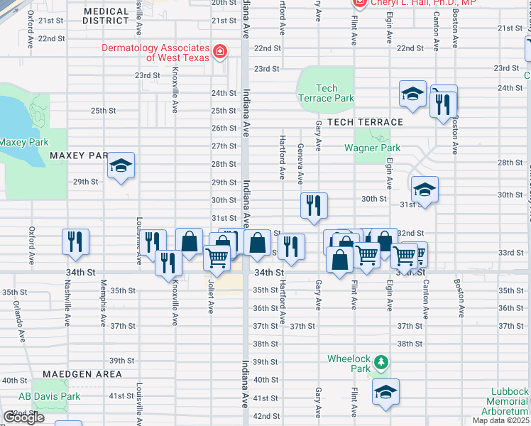 map of restaurants, bars, coffee shops, grocery stores, and more near 3304 30th Street in Lubbock