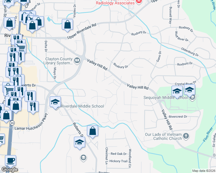 map of restaurants, bars, coffee shops, grocery stores, and more near 306 Tara Woods Drive in Riverdale