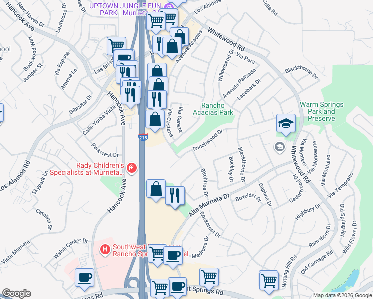 map of restaurants, bars, coffee shops, grocery stores, and more near 39863 Ranchwood Drive in Murrieta