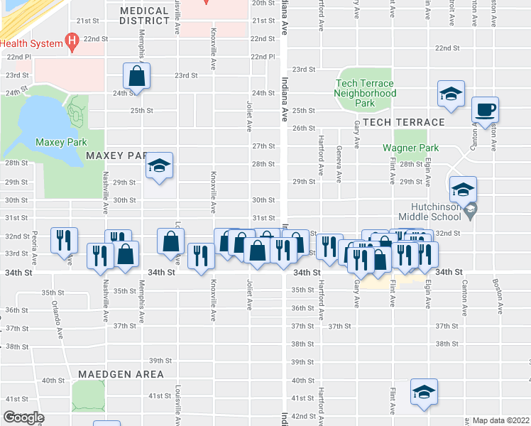 map of restaurants, bars, coffee shops, grocery stores, and more near 3412 31st Street in Lubbock